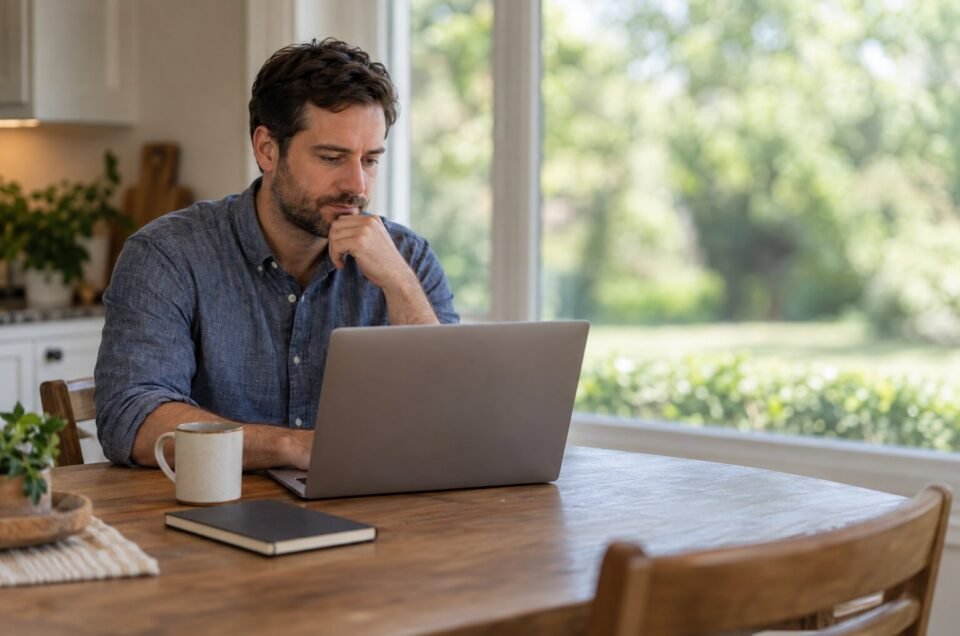 A homeowner at a kitchen table considering when to lock a mortgage rate.