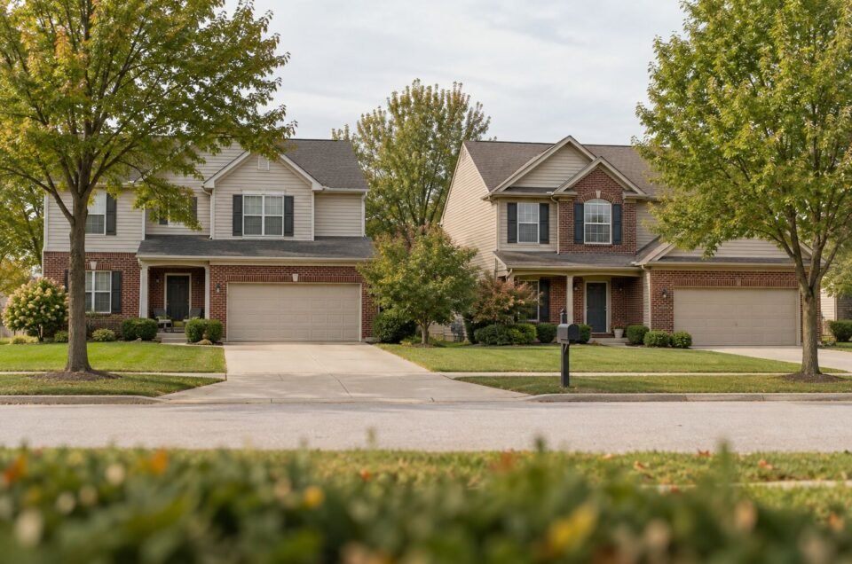 Two similar suburban Indiana homes side by side, illustrating that two loans can look alike and cost differently.