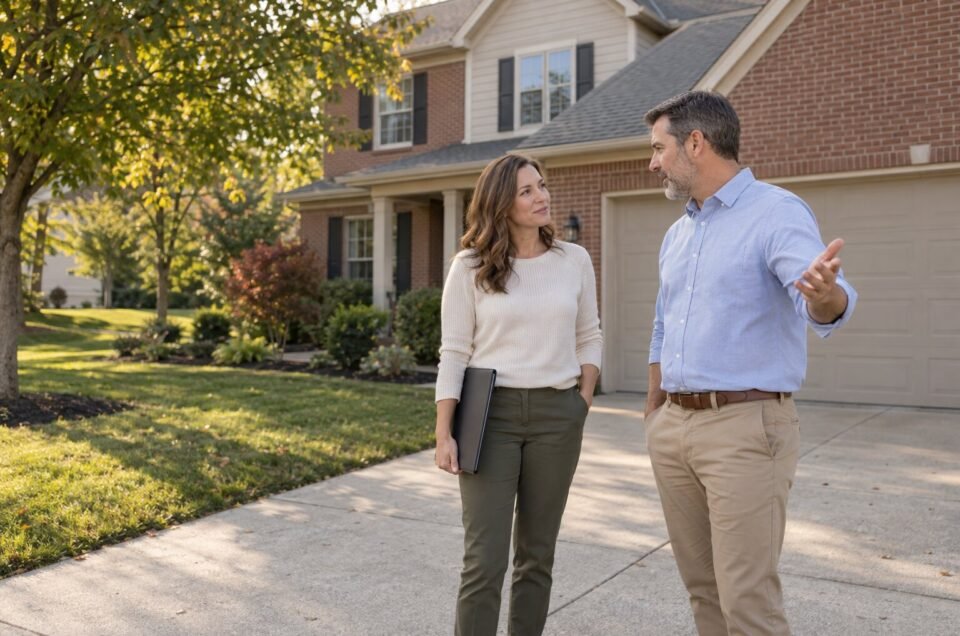 A real estate agent and a mortgage broker talking in the driveway of a Central Indiana home.
